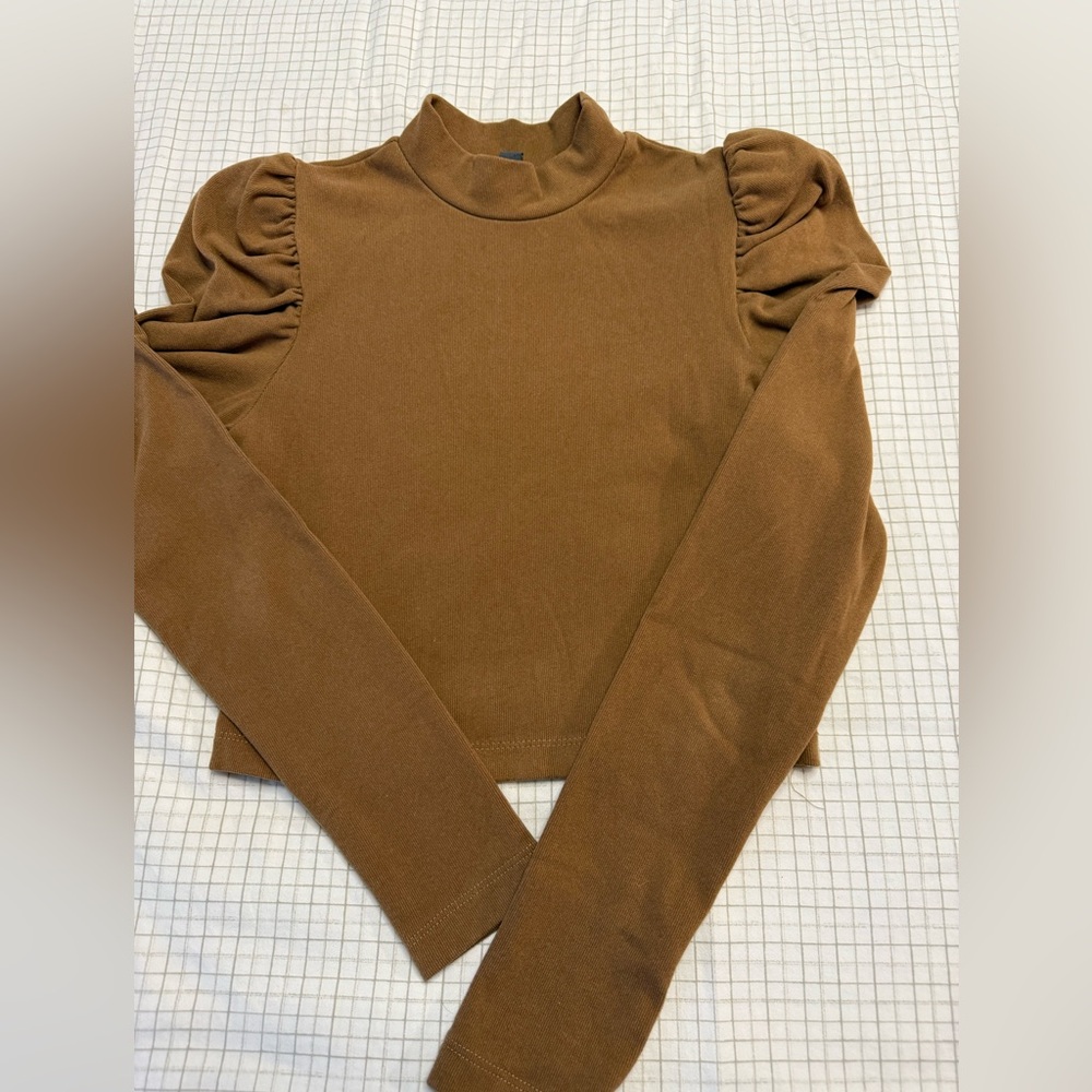 Brown Puff Sleeve Mock Neck Top